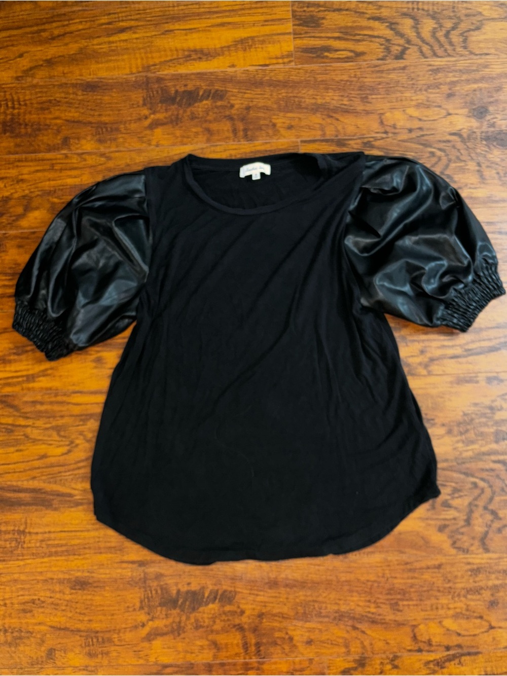 Another Love Puff Sleeve Top with Faux Leather Sleeves Black Short Sleeve Blouse